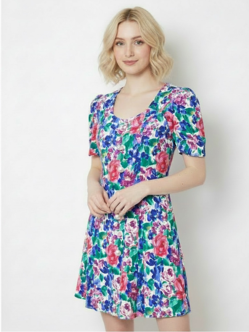 Vintage | Floral cottagecore mini dress puff sleeves shoulder pads size …